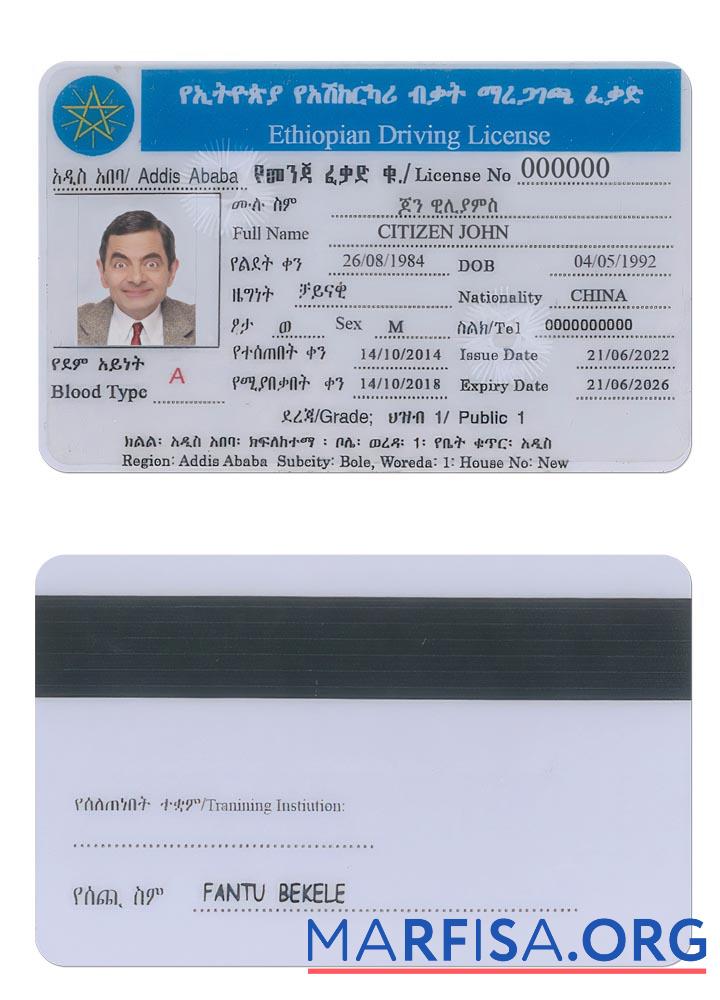 Blank Ethiopia driving license sample